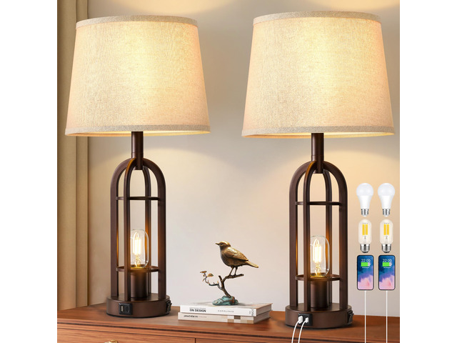 Table Lamps for Living Room End Table Set of 2 - Farmhouse Industrial Bedside Lamps for Bedroom Nightstand with Nightlight and USB A+C, 4 Bulbs...