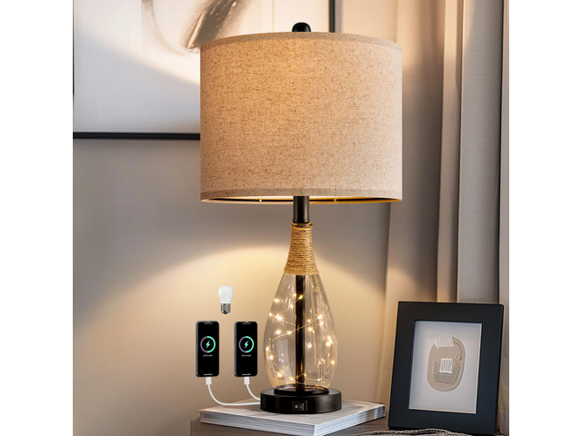 Bedside Table Lamp with USB, 23 Black Modern Nightstand Lamps for Bedroom, Retro Rattan Table Lamps for Night Stands, Living Room, Farmhouse Table...