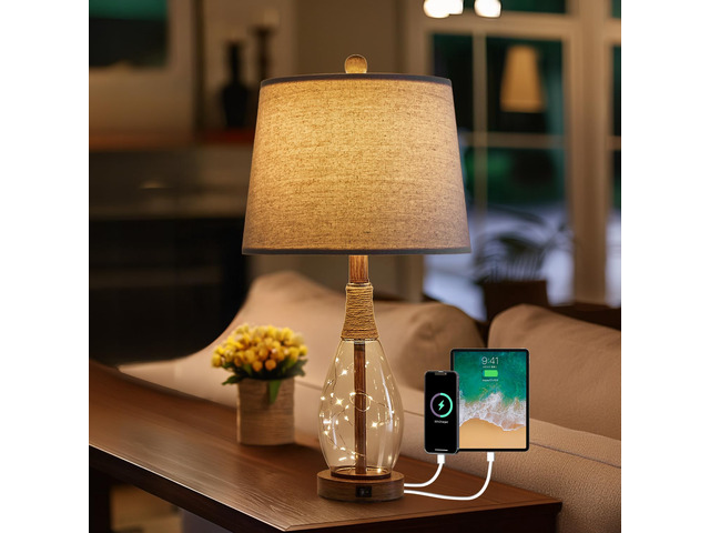 23' USB A+C Table Lamp for Bedroom Living Room Modern Bedside Lamps Retro Farmhouse Rattan Glass Nightstand Nightlight Lamps,Two Light Points