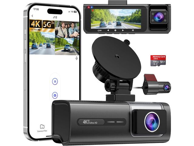 3 Channel 5G WiFi Dash Cam, 4K+1080P+1080P Dash Cam Front and Rear with 64GB Card, Dash Camera for Car with HDR IR Night Vision, G-Sensor, 24/7...