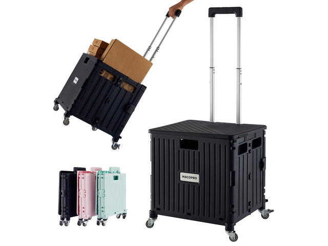 Folding Utility Cart Portable Rolling Crate Handcart Shopping Trolley Collapsible Tool Box, with Lid, Basket on 4 Rotate Wheels, for Grocery,...