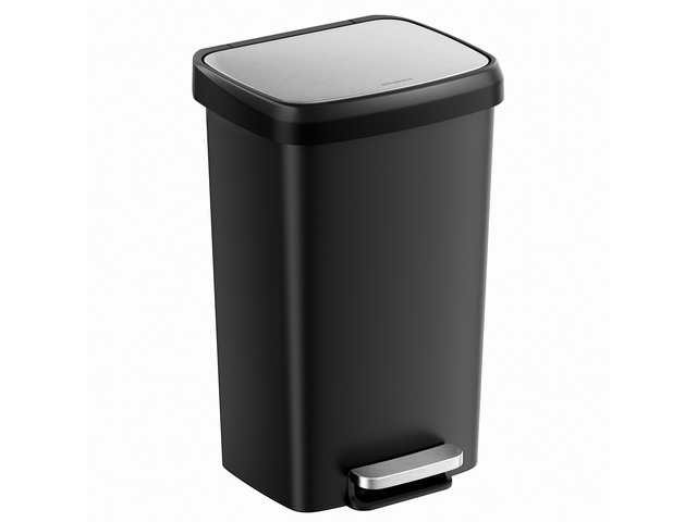 Plastic Kitchen Trash Can, 12-Gallon (45 L), Soft Close, Pedal Garbage Can with Stainless Steel Lid, Waste Bin with Wheels and Rear Handle, Ink...