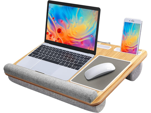 Lap Desk - Fits up to 17 inches Laptop Desk, Woodgrain Built in Mouse Pad & Wrist Pad for Laptop, Tablet, Lap Stand with Tablet, Pen & Phone Holder...