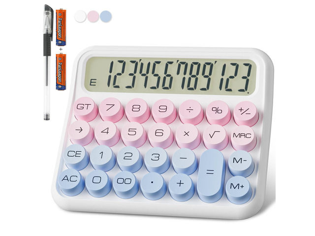 Battery Desk Calculator - 12 Digit Extra Large 5-Inch LCD Display, Big Buttons Easy to Press Office Calculators, 15 Tilt Screen for Kids (Blue & Pink)
