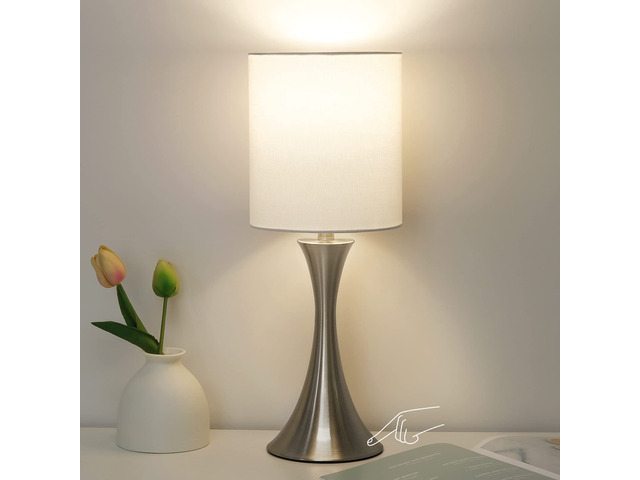 Touch Control Table Lamp, 3-Way Dimmable Desk Lamp, Bedside Reading Light Small Lamp with White Shade and Silver Base, Nightstand Lamp for Living...