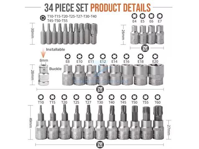 NEW 34pcs Torx Star Sockets & Bit Set Male Female E-torx Security Bits 3/8 Drive