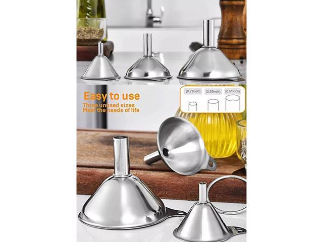 3pc Stainless Steel Kitchen Funnels Set w/ 2 Cleaning Brush Food Grade No Spill