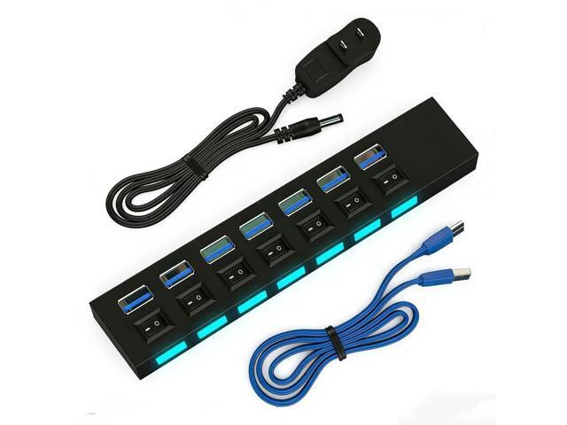7-Port USB 3.0 Hub Powered Charger Splitter with Switch & AC Power Adapter for PC Laptop Desktop
