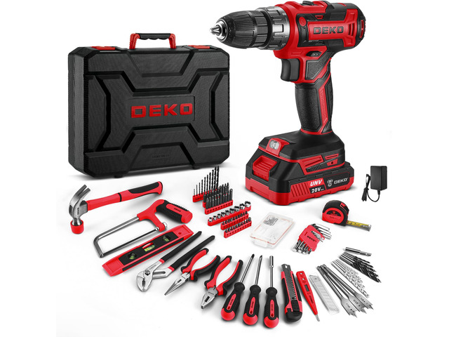 Red Drill Tool Kit Set: 20V Cordless Power Drill Tool Box with Battery Electric Drill Driver for Men Home Hand Repair Basic Toolbox Tools Sets...