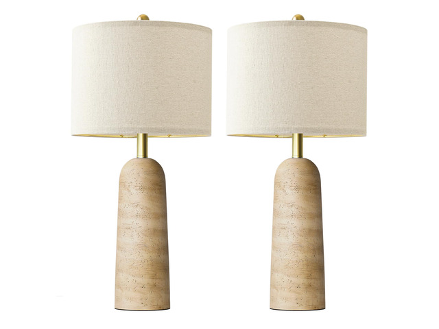 Modern Table Lamp Set of 2, Warm Beige Resin Lamp with Natural Stone Look, 27.25' Lamps for Living Room with Linen Shades, Bedside Lamp for...