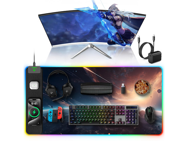 5-in-1 RGB Mouse Pad with 15W Wireless Charging, Keyboard Pad for Desk 31.5 x 15.8 XXL Large Waterproof Mousepad Home Office Desk Pad, Includes 20W...