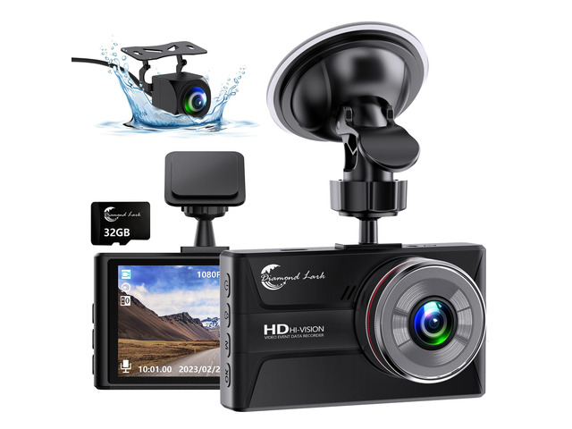 1080P Dash Cam Front and Rear with 32GB SD Card, Dual Dash Camera for Cars, 3 LCD Screen Dashcam with Type-C Port, HDR, G-Sensor, Loop Recording,...