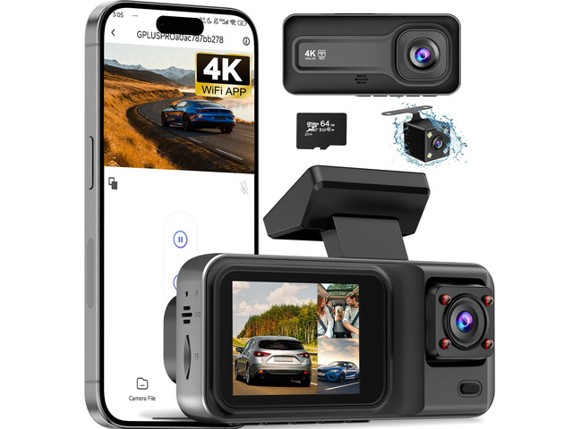 3 Channel 4K Dash Cam with 5GHz WiFi & APP Control, 4K+1080P+1440P Dash Cam Front and Rear Inside with 64GB Card, Dash Camera for Cars with Night...