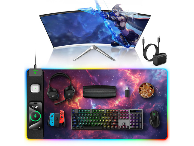 RGB Gaming Mouse Pad with Wireless Charging, Large Desk Mat, Red Nebula 31.5 x 15.8 XXL Large Desk Pad, Waterproof Mousepad with Non-Slip Base,...