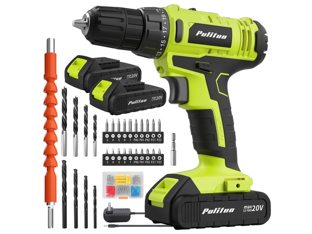 S 20V Cordless Drill/Driver, Electric Screwdriver - 2 Batteries, 30Nm, 21+1 Torque, 2 Speed, Keyless 3/8' Chase Drill with LED Light, Kit for Home...