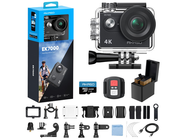 EK7000 4K30fps Action Camera with 64GB MicroSDXC U3 Memory Card Accessories Kit Bundle Ultra HD 131FT Waterproof Underwater Camera EIS WiFi Remote...