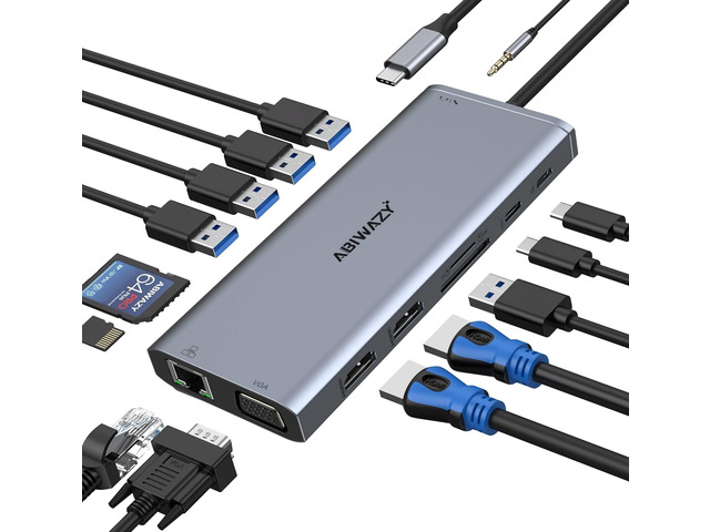USB C Docking Station Dual Monitor Triple Display USBC Hub Multiple Adapter USB C Dongle 14 in 1 Dock with 2 HDMI 4K+VGA+5 Port+100W PD...