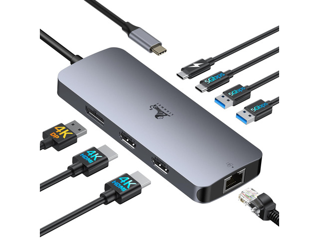 USB C Docking Station Dual Monitor, Laptop Docking Station 3 Monitors with 2 HDMI, 4K DisplayPort, 1Gbps Ethernet, 100W PD, 3 USB A/C 3.0, USB C...