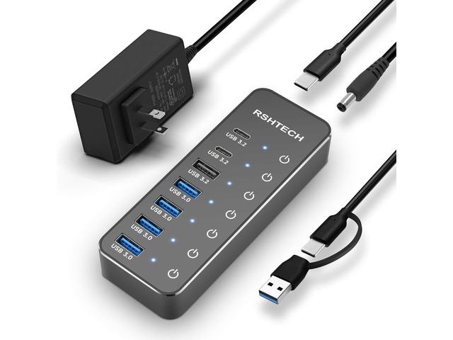 RSHTECH 7-Port Powered USB 3.2/USB C Hub with 10Gbps USB-A 3.2, 2 USB-C 3.2, 4 USB 3.0 Ports, Individual Touch Switches, 3.3ft Cable and 5V Power...
