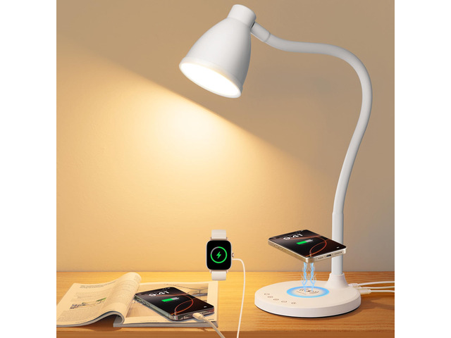 LED Desk Lamp for Home Office with USB C Charging Wireless Charger 5 Colors, Stepless Dimming Desk Light Timer Reading Light Touch Bedside Table...
