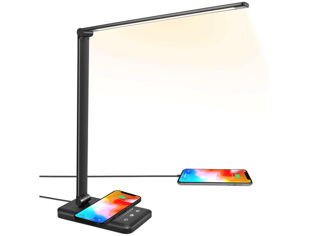 LED Desk Lamp with Wireless Charger, USB Charging Port, Eye Care 10 Brightness Levels, 5 Color Modes, Touch Control, Auto Timer, Dimmable Reading...