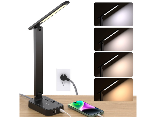 LED Desk Lamp, Power Strip with 3 Outlets 4 USB Charging Ports(2 USBC), 4 Modes 5 Level Brightness Touch Lamp, Small Desk Lamp for Home Office...