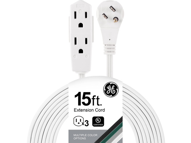 3-Outlet Flat Extension Cord, 15 Ft Grounded Extension Cord Multiple Outlets, 3 Prong Outlet Extender, Flat Plug, Power Strip, Indoor, 16 Gau, UL...