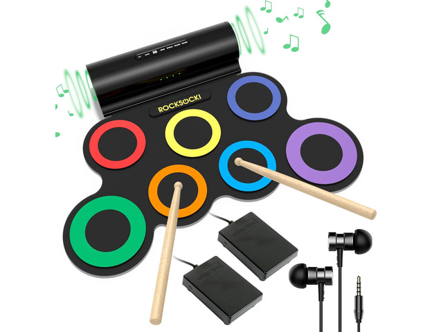Electric Drum Set, 7-Pad Electronic Drum Set with Headphone Included, Roll-up Drum Pad For Kids, Great Holiday Xmas Birthday Gift (Dual Speakers)