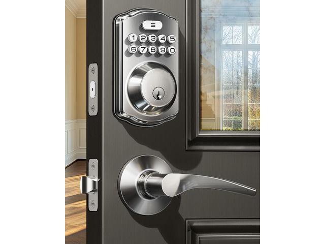 KS01B Keypad Door Lock with 2 Lever Handles Set, Satin Nickel Keyless Entry, 20 Codes, Auto Lock, Anti-Peeping Code, Electronic Deadbolt for Front...