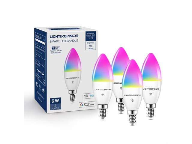 Smart E12 LED Bulbs 60W Work with Alexa/Google Home, 4PCS No Hub Required, 500LM 6W RGBCW Candle Chandelier Smart bulb Work with SmartLife, 2.4G...