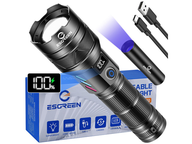 Rechargeable Flashlight 100000 High Lumen with Mini UV 365nm Light Super Bright 30W LED, Safe USB C Charging, Long Range & Long Lasting, Heavy...