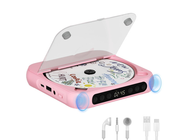 Portable CD Player with Bluetooth, Rechargeable CD Player for Home/Car, Built-in HiFi Speakers, Headphones, LCD Screen, Supports CD/AUX/USB and...