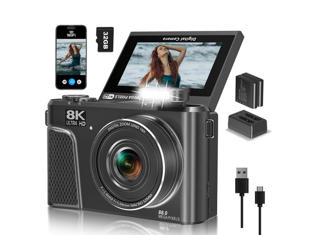 8K Digital Camera with 88MP & 3' 180° Flip Screen - 18X Zoom Auto Focus Vlogging Camera for YouTube/Photography, Includes 32GB SD Card & 2...