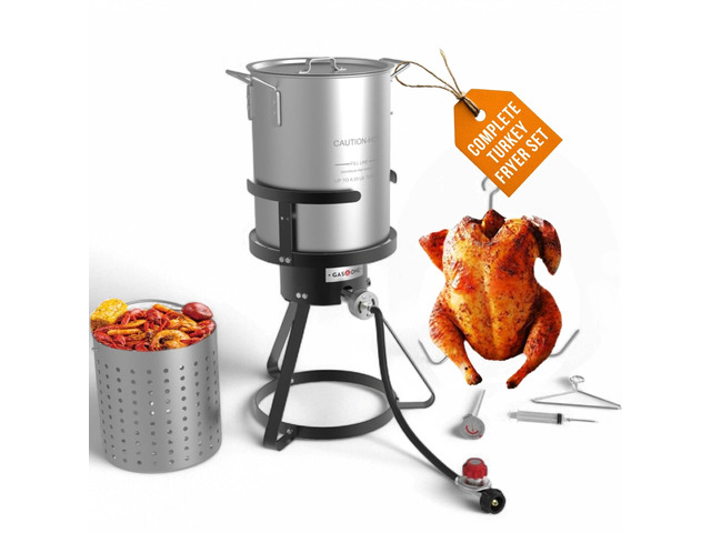 30QT Turkey Fryer Set and Seafood Boil with Propane Gas Burner, Perforated Basket Perfect Outdoor Cooker for Crawfish, Crab, Shrimp, Lobster, and...