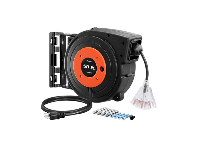 Retractable Extension Cord Reel, 50 FT Heavy Duty Power Cord, 14AWG/3C SJTOW, 3 Grounded Outlets Lighted Triple Tap, 13 Amp Circuit Breaker, UL Listed