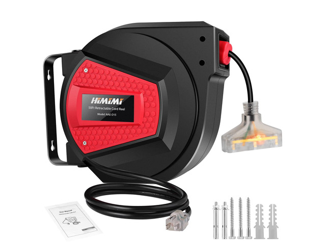 Retractable Extension Cord Reel, 50FT 14AWG/3C Power Cord Reel for Garage Workshop, Wall/Ceiling Mounted Extension Cord Reel, 3-Lighted Triple...