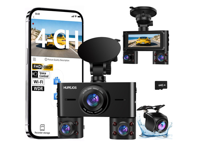 4 Channel Dash Cam Front and Rear Inside, 360° View Camera for Cars 3.16 IPS Screen, Rear Camera Waterproof, WDR Night Vision, FHD 1080Px4, Small...