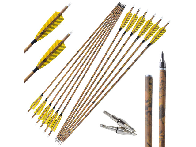 Wolfman 30Inch Carbon Arrow Practice Hunting Arrows, Spine 500 with 4' Camo Natural Feathers and Removable Tips for Recurve Bow and Compound Bow...