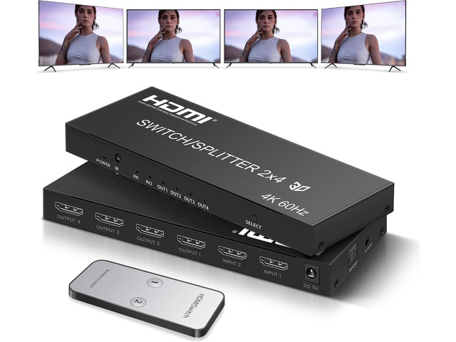 4K@60Hz HDMI Matrix Switch 2 in 4 Out with IR Remote, SPDIF & 3.5mm Audio