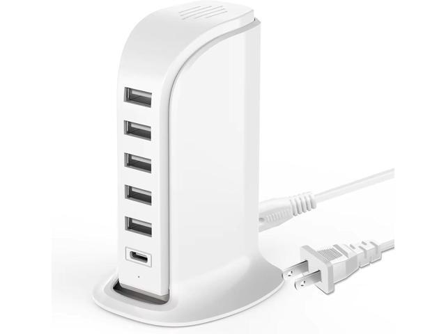 USB Charging Station for Multiple Devices, 5 USB Ports + 1 Type C Multiport Charger Tower, Compatible with Smartphones, Tablets and Other Devices