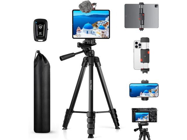 MACTREM iPhone iPad Tripod Stand, 67' Phone Tripod for iPad Tablet Camera with 2 in1 Holder Remote Carry Bag, Aluminum Extendable iPhone Stand for...