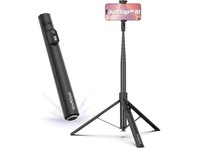 KraftGeek 66' JustTap Phone Tripod for iPhone, Automatic Selfie Stick for Cell Phone, Tripod Stand with Remote for Video Recording, Black