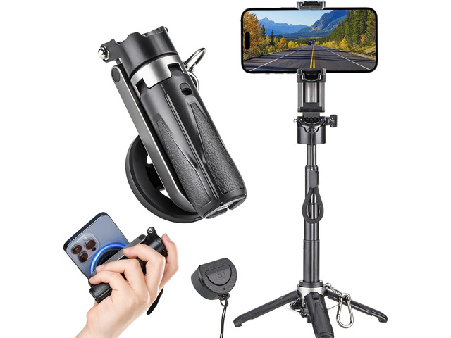 MQOUNY for Magsafe Tripod Stand for iPhone,Portable Pocket Size Selfie Stick with Rechargeable Remote and Metal Ring,Extendable Detachable Cell...