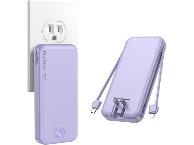 Nusyddy Portable Charger, 10000mAh PD20W Fast Charging Power Bank with Built-in Cables & Wall Plug, Travel Essential External Battery Pack, USB C...