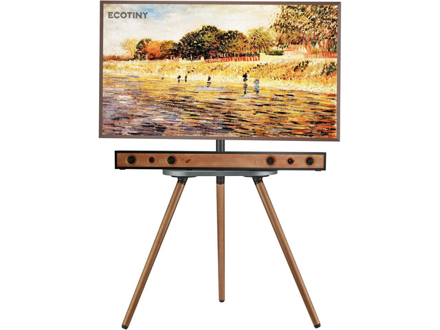Tripod TV Stand for 43-65' TVs, Swivel, Black Walnut Height-adjustable easel TV stand, wood media shelf, cable management and VESA up to 400x400