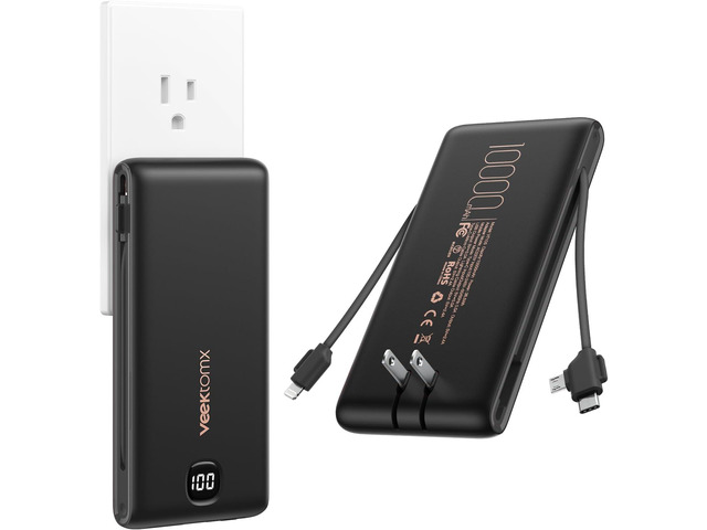 VEEKTOMX Portable Charger with Built in Cables 10000mAh, Power Bank for iPhone with AC Wall Plug, Fast Charging USB C Slim Battery Pack with LED...
