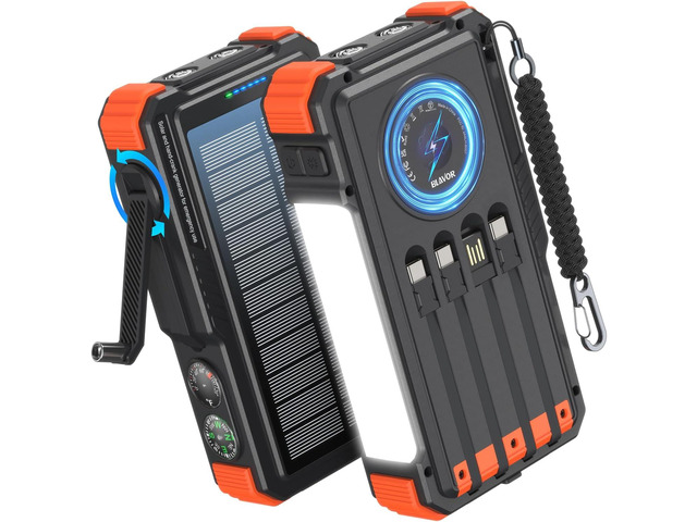 BLAVOR Solar Power Bank with Hand Crank and 4 Cables, 20000mAh Wireless Portable Charger with USB C & Camping Light, 20W Fast Charging Battery Pack...