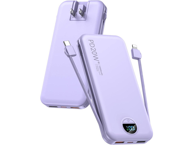 citicr Portable Charger 10000mAh PD20W w/Built-in Cables & Wall Plug Purple Fast charging, Built-in wall plug, LED display, Charge 5 devices at...