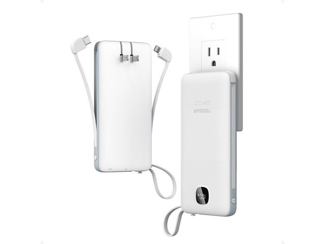 Portable Charger with Built in Cables,TESSAN 10000mAh Power Bank Fast Charging with Foldable Wall Plug Charger, PD20W Compact Battery Pack Travel...