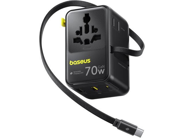 Baseus 70W Universal Travel Adapter, 6-in-1 International Plug Adapter with Retractable Cable, USB-C PD Fast Charging Worldwide Wall Charger for...